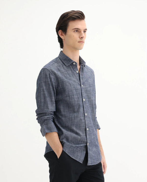 Rare Rabbit Men's Slub Dark Blue Cotton Fabric Full Sleeves Collared Neck Button Closure Plain Shirt