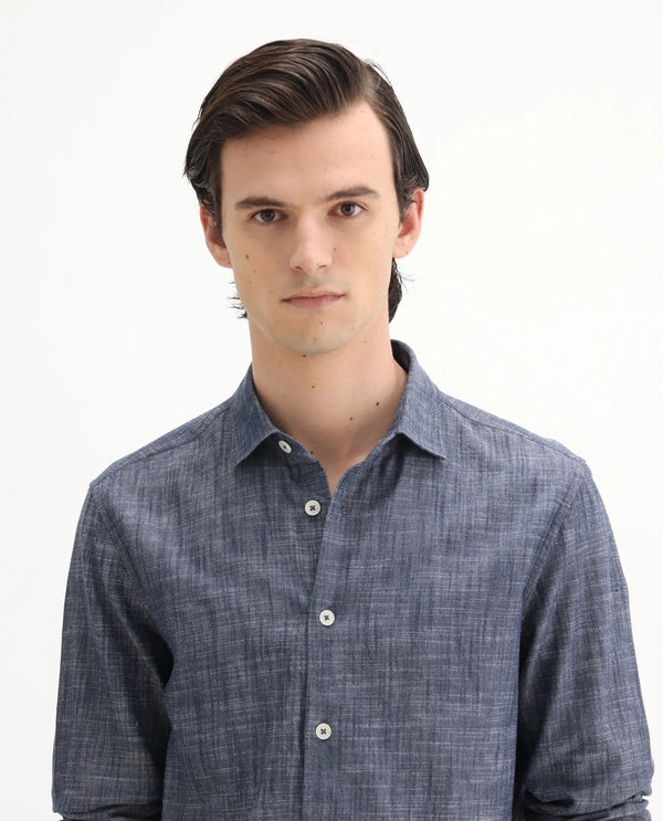 Rare Rabbit Men's Slub Dark Blue Cotton Fabric Full Sleeves Collared Neck Button Closure Plain Shirt