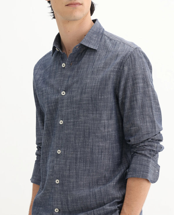Rare Rabbit Men's Slub Dark Blue Cotton Fabric Full Sleeves Collared Neck Button Closure Plain Shirt