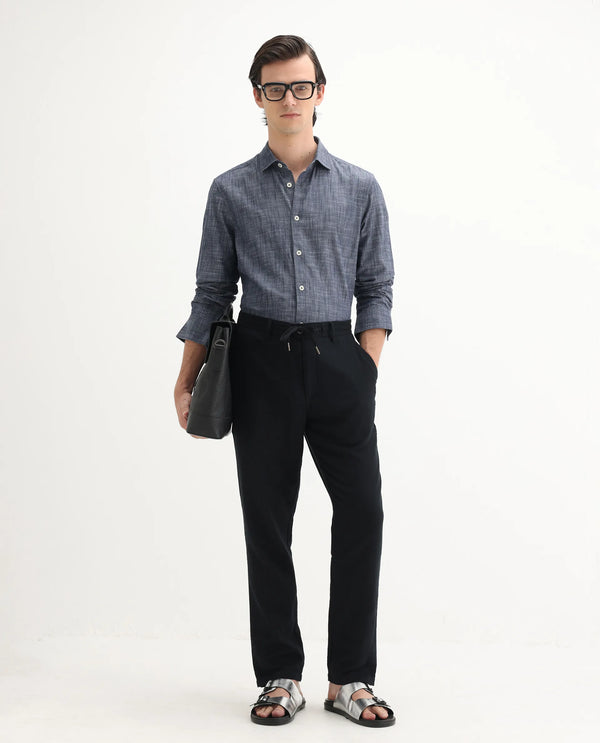 Rare Rabbit Men's Slub Dark Blue Cotton Fabric Full Sleeves Collared Neck Button Closure Plain Shirt