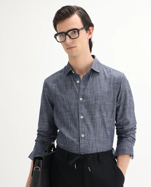 Rare Rabbit Men's Slub Dark Blue Cotton Fabric Full Sleeves Collared Neck Button Closure Plain Shirt