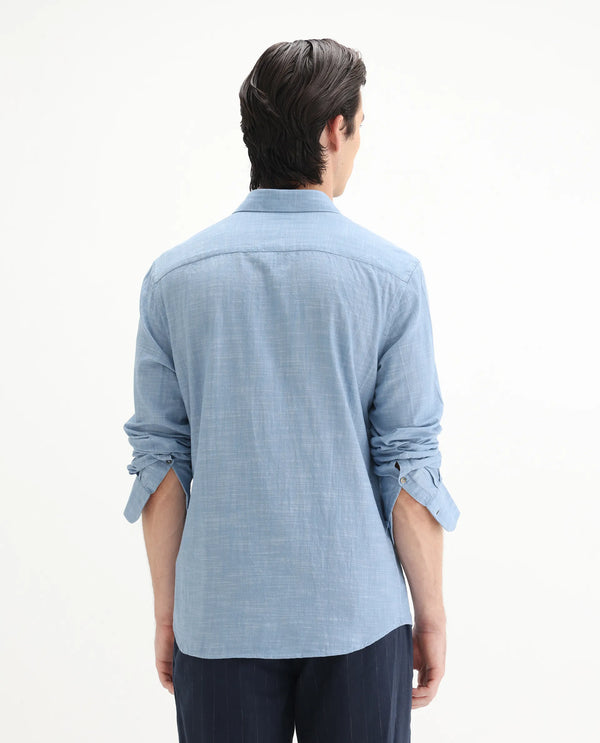 Rare Rabbit Men's Slub Light Blue Cotton Fabric Full Sleeves Collared Neck Button Closure Plain Shirt