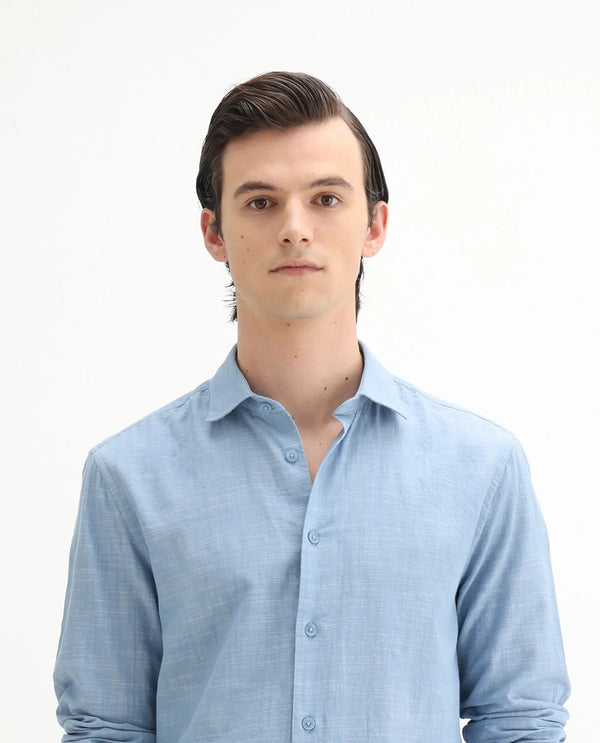Rare Rabbit Men's Slub Light Blue Cotton Fabric Full Sleeves Collared Neck Button Closure Plain Shirt