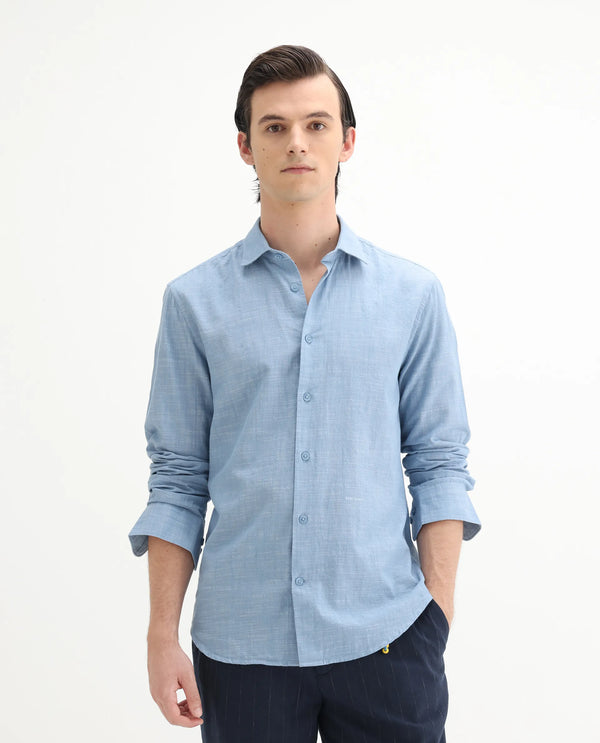Rare Rabbit Men's Slub Light Blue Cotton Fabric Full Sleeves Collared Neck Button Closure Plain Shirt