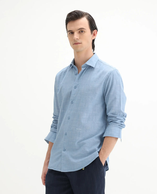Rare Rabbit Men's Slub Light Blue Cotton Fabric Full Sleeves Collared Neck Button Closure Plain Shirt