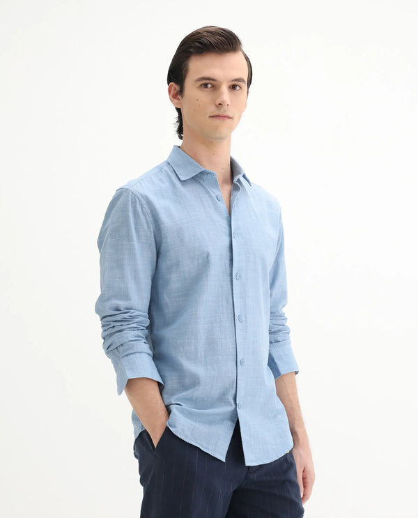 Rare Rabbit Men's Slub Light Blue Cotton Fabric Full Sleeves Collared Neck Button Closure Plain Shirt