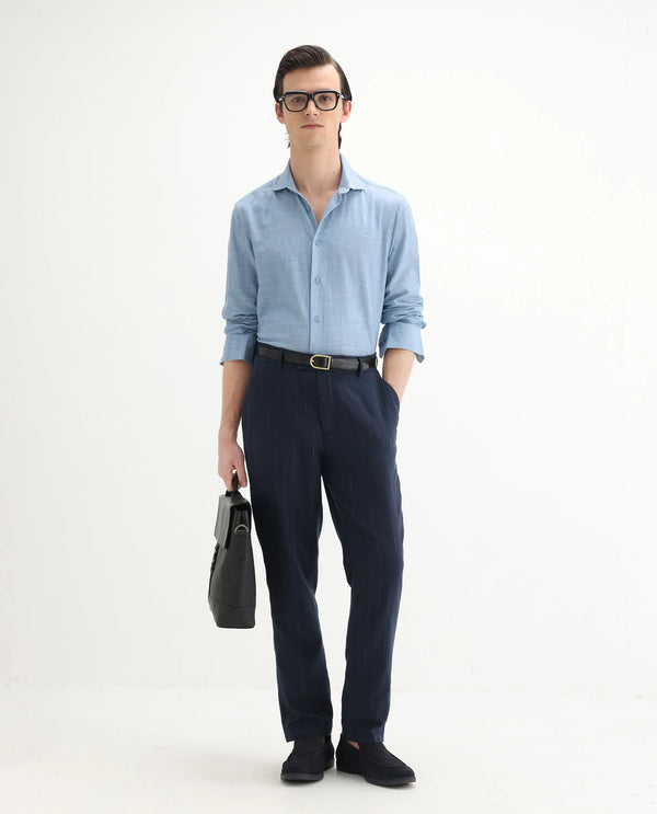 Rare Rabbit Men's Slub Light Blue Cotton Fabric Full Sleeves Collared Neck Button Closure Plain Shirt