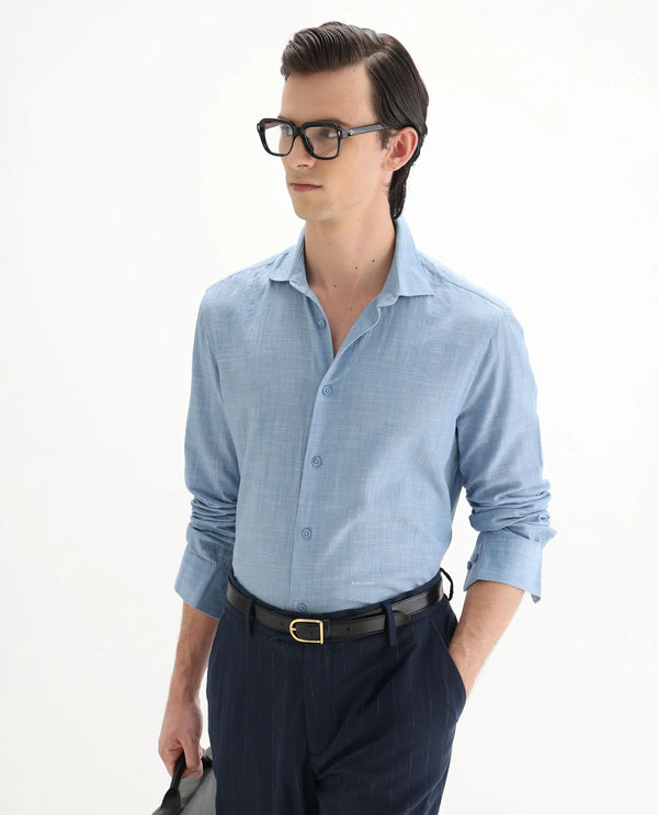 Rare Rabbit Men's Slub Light Blue Cotton Fabric Full Sleeves Collared Neck Button Closure Plain Shirt