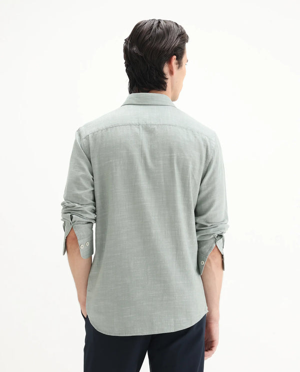 Rare Rabbit Men's Slub Sage Cotton Fabric Full Sleeves Collared Neck Button Closure Plain Shirt