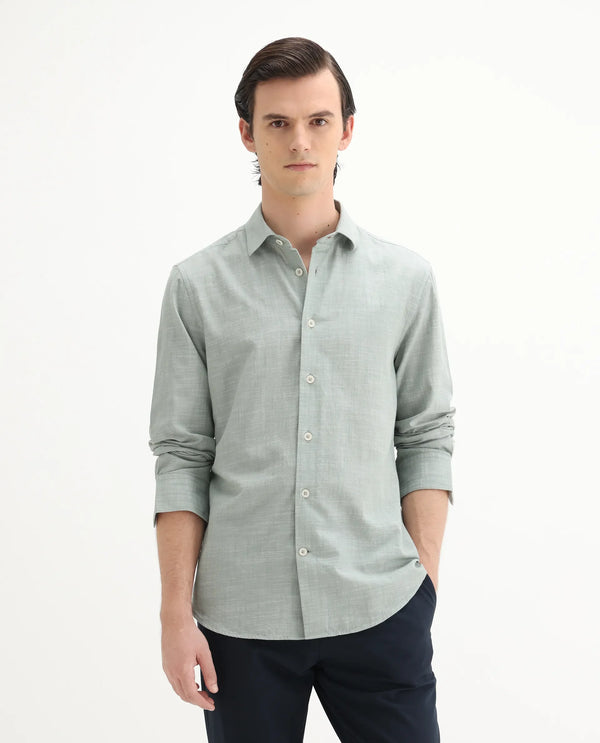 Rare Rabbit Men's Slub Sage Cotton Fabric Full Sleeves Collared Neck Button Closure Plain Shirt
