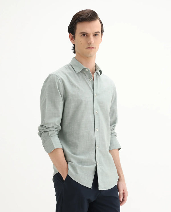 Rare Rabbit Men's Slub Sage Cotton Fabric Full Sleeves Collared Neck Button Closure Plain Shirt