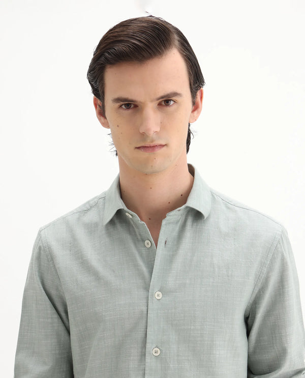 Rare Rabbit Men's Slub Sage Cotton Fabric Full Sleeves Collared Neck Button Closure Plain Shirt
