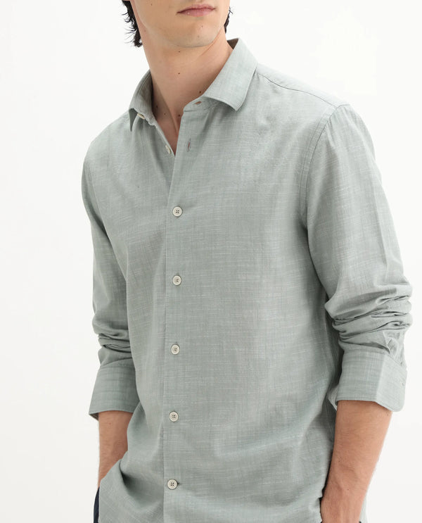 Rare Rabbit Men's Slub Sage Cotton Fabric Full Sleeves Collared Neck Button Closure Plain Shirt