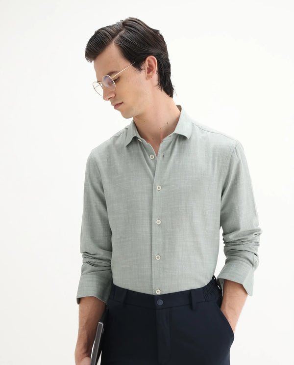 Rare Rabbit Men's Slub Sage Cotton Fabric Full Sleeves Collared Neck Button Closure Plain Shirt