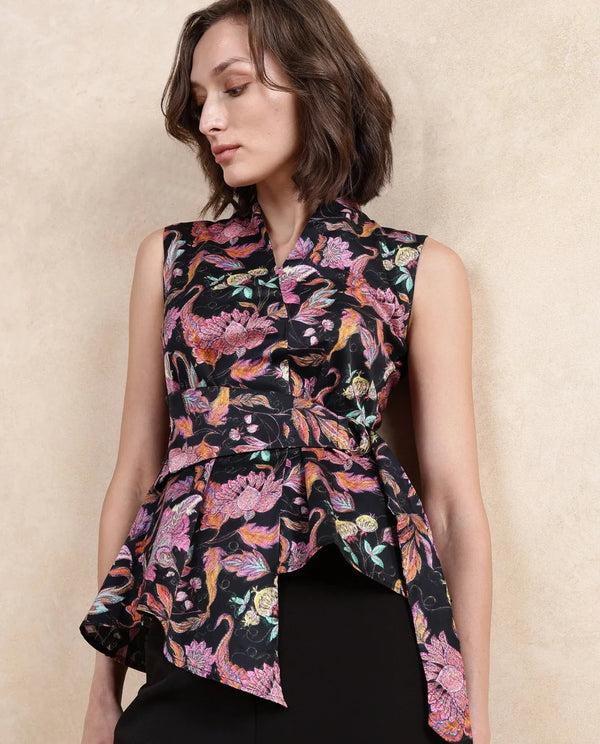 Rareism Women Smitterg Dark Multi Cotton Satin Fabric Sleeveless Surplice Neck Zipper Closure Abstract Print Top