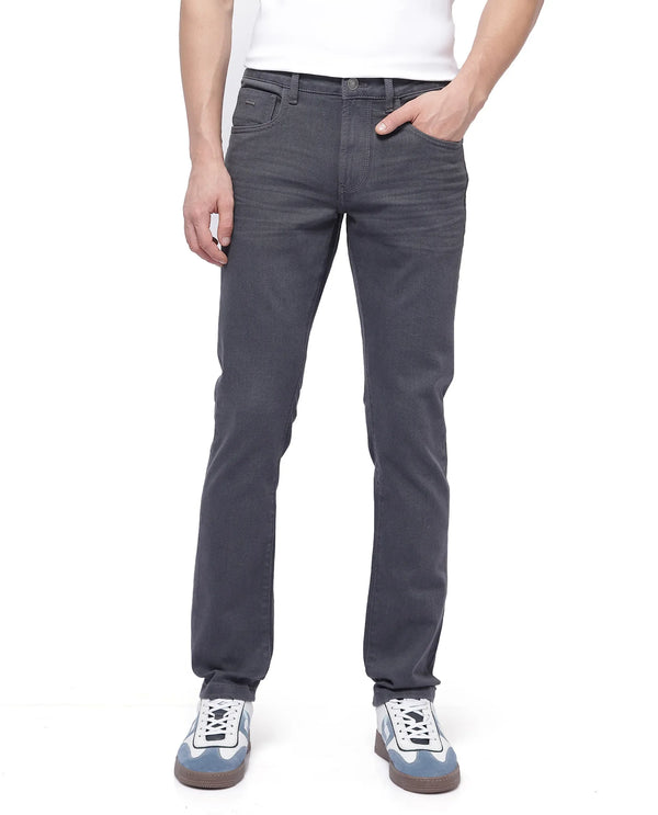 Rare Rabbit Men Smok Grey Cotton Polyester Fabric Mid Wash Slim Fit Plain Denim Pant