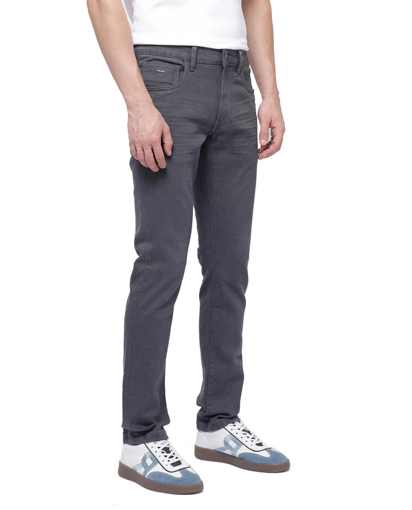Rare Rabbit Men Smok Grey Cotton Polyester Fabric Mid Wash Slim Fit Plain Denim Pant