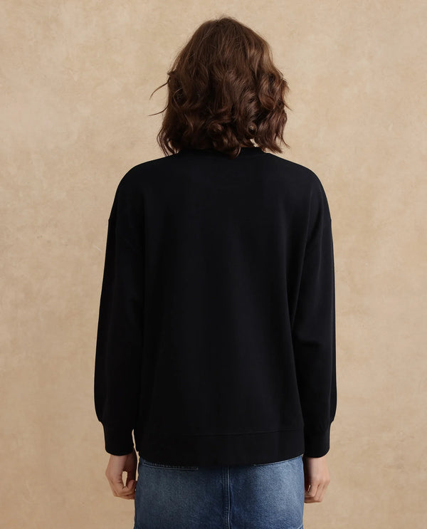 Rareism Women Snappy Black Cotton Blend Fabric Full Sleeve Crew Neck Button Closure Relaxed Fit Plain Sweatshirt
