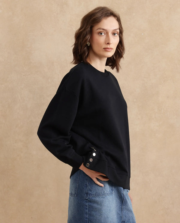Rareism Women Snappy Black Cotton Blend Fabric Full Sleeve Crew Neck Button Closure Relaxed Fit Plain Sweatshirt