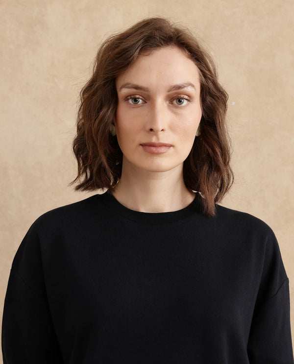 Rareism Women Snappy Black Cotton Blend Fabric Full Sleeve Crew Neck Button Closure Relaxed Fit Plain Sweatshirt