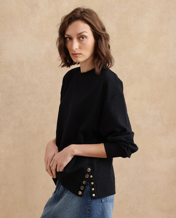 Rareism Women Snappy Black Cotton Blend Fabric Full Sleeve Crew Neck Button Closure Relaxed Fit Plain Sweatshirt