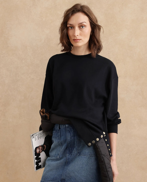 Rareism Women Snappy Black Cotton Blend Fabric Full Sleeve Crew Neck Button Closure Relaxed Fit Plain Sweatshirt