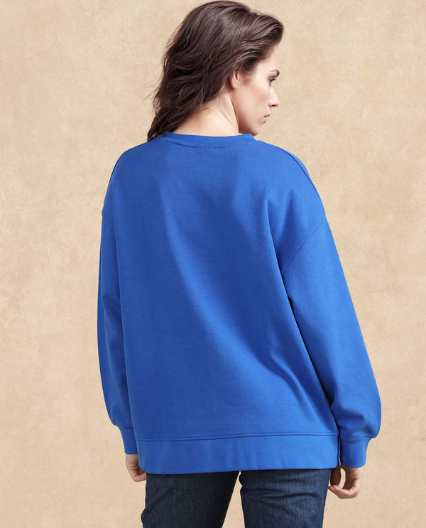 Rareism Women Snappy Blue Cotton Blend Fabric Full Sleeve Crew Neck Button Closure Relaxed Fit Plain Sweatshirt