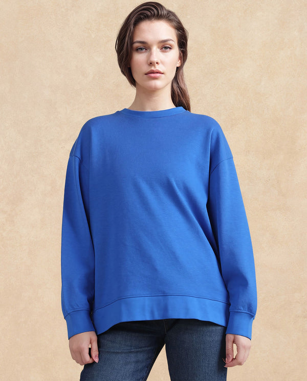 Rareism Women Snappy Blue Cotton Blend Fabric Full Sleeve Crew Neck Button Closure Relaxed Fit Plain Sweatshirt
