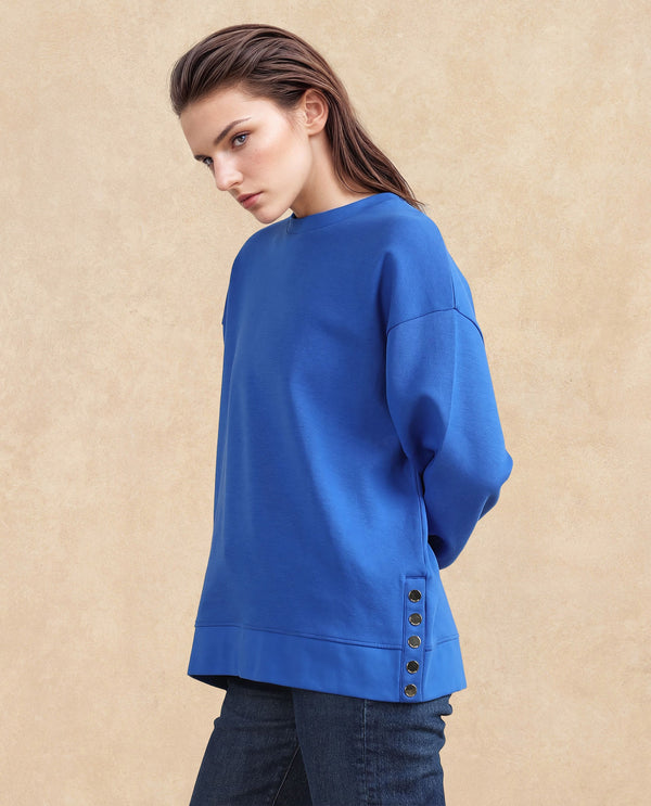 Rareism Women Snappy Blue Cotton Blend Fabric Full Sleeve Crew Neck Button Closure Relaxed Fit Plain Sweatshirt