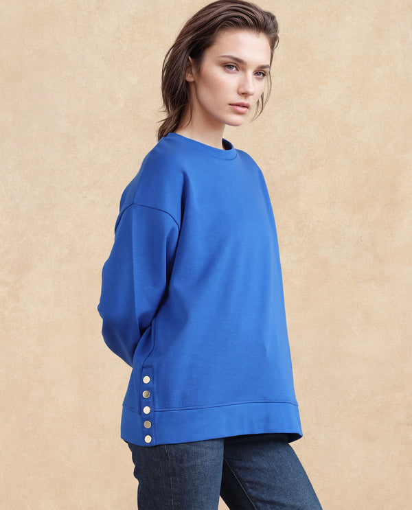 Rareism Women Snappy Blue Cotton Blend Fabric Full Sleeve Crew Neck Button Closure Relaxed Fit Plain Sweatshirt