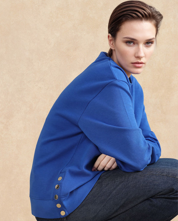 Rareism Women Snappy Blue Cotton Blend Fabric Full Sleeve Crew Neck Button Closure Relaxed Fit Plain Sweatshirt