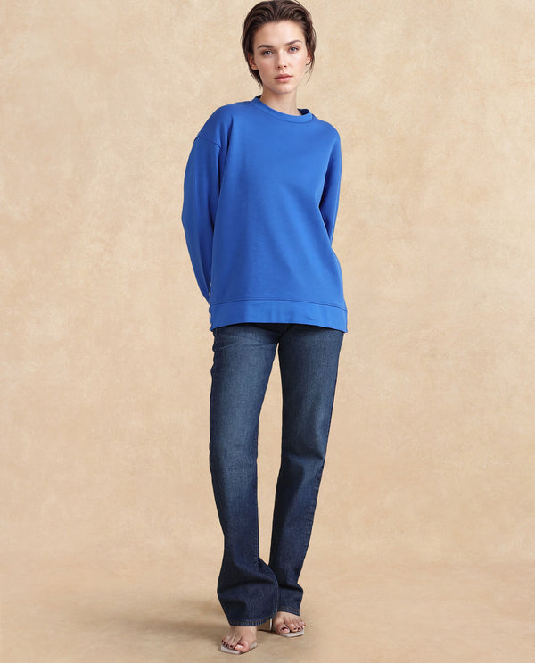 Rareism Women Snappy Blue Cotton Blend Fabric Full Sleeve Crew Neck Button Closure Relaxed Fit Plain Sweatshirt