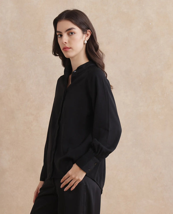 Rareism Women Snera Black Poly Blend Fabric Cuffed Sleeve Collared Neck Button Closure Plain Top