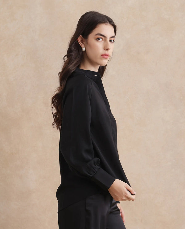 Rareism Women Snera Black Poly Blend Fabric Cuffed Sleeve Collared Neck Button Closure Plain Top