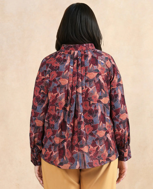 Rareism Women Snery Dark Multi Polyester Fabric Cuffed Sleeve Collared Neck Button Closure Floral Print Top