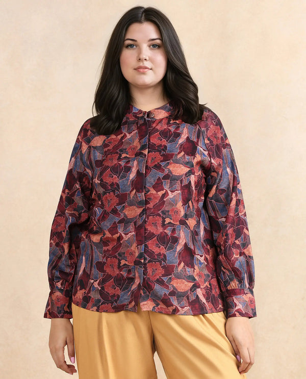 Rareism Women Snery Dark Multi Polyester Fabric Cuffed Sleeve Collared Neck Button Closure Floral Print Top