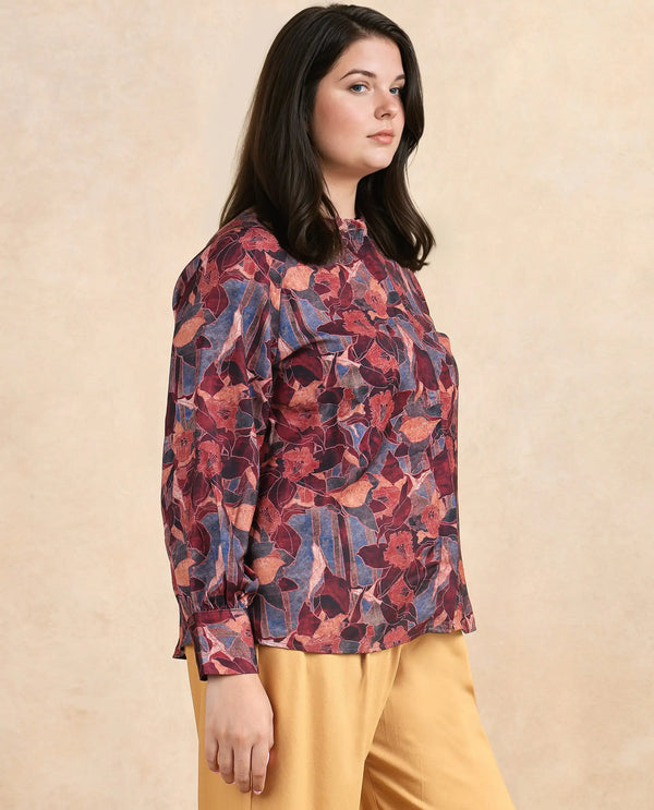 Rareism Women Snery Dark Multi Polyester Fabric Cuffed Sleeve Collared Neck Button Closure Floral Print Top