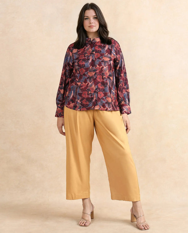 Rareism Women Snery Dark Multi Polyester Fabric Cuffed Sleeve Collared Neck Button Closure Floral Print Top