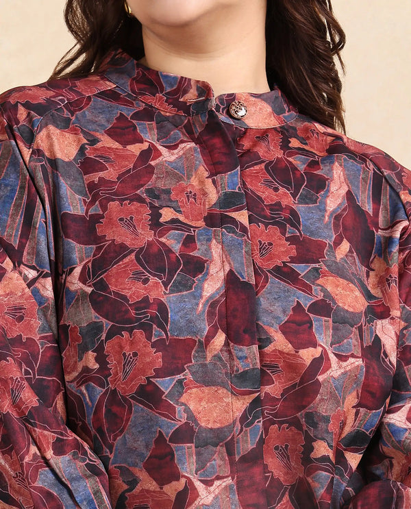 Rareism Women Snery Dark Multi Polyester Fabric Cuffed Sleeve Collared Neck Button Closure Floral Print Top