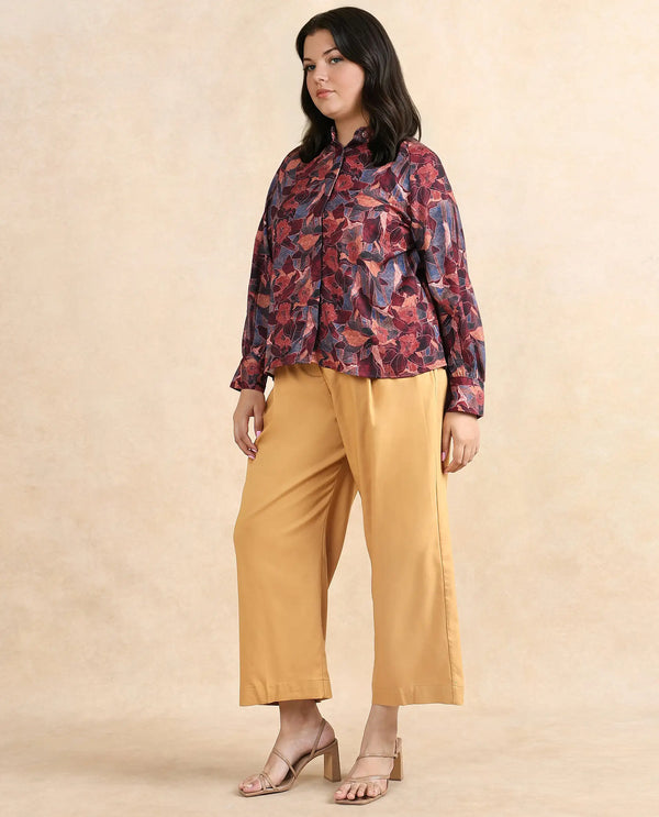 Rareism Women Snery Dark Multi Polyester Fabric Cuffed Sleeve Collared Neck Button Closure Floral Print Top