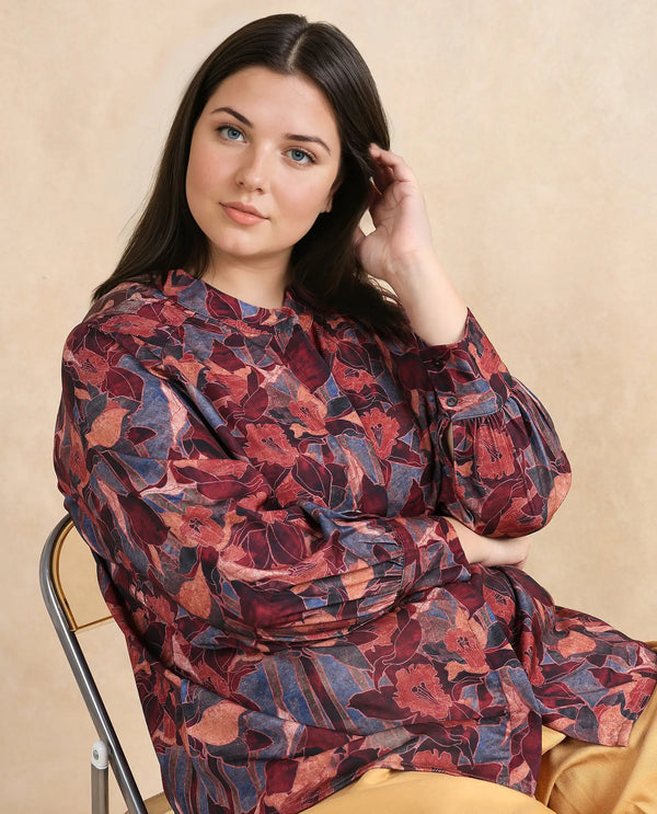 Rareism Women Snery Dark Multi Polyester Fabric Cuffed Sleeve Collared Neck Button Closure Floral Print Top