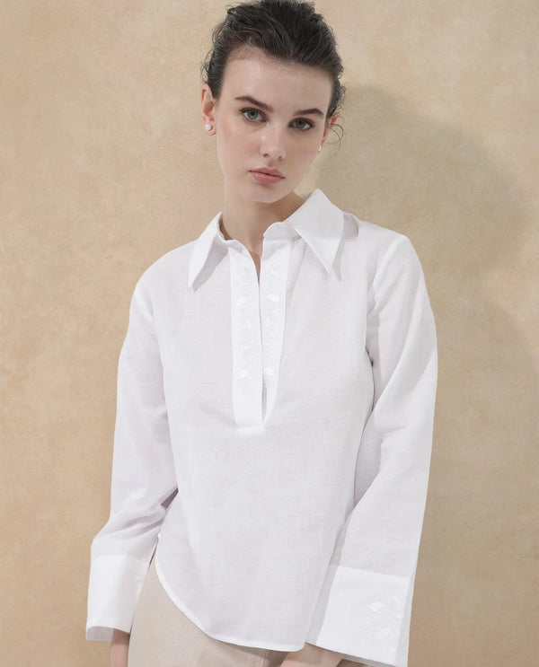Rareism Women Sofian White Cotton Linen Fabric Regular Sleeves Collared Neck Solid Regular Length Top