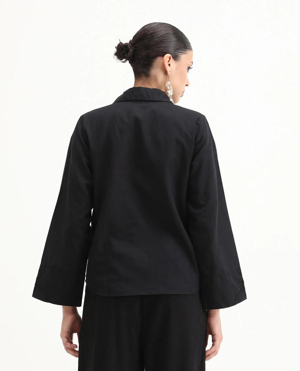 Rareism Women Sofian-SC Black Cotton Linen Fabric Regular Sleeves Collared Neck Solid Regular Length Top