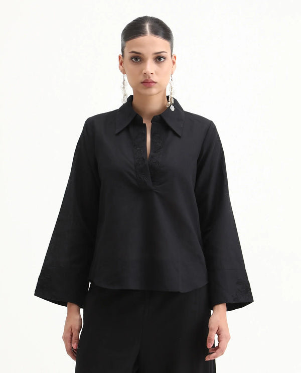 Rareism Women Sofian-SC Black Cotton Linen Fabric Regular Sleeves Collared Neck Solid Regular Length Top