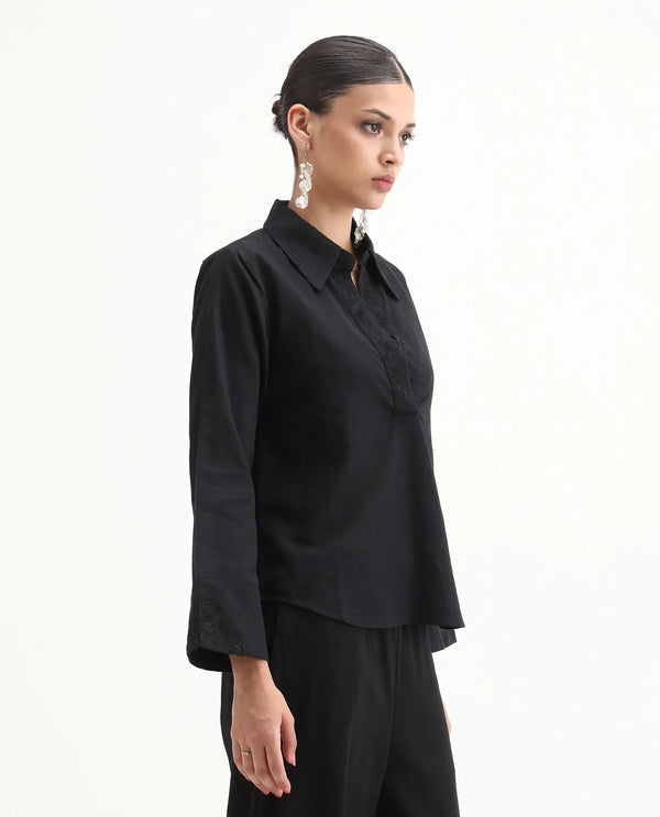 Rareism Women Sofian-SC Black Cotton Linen Fabric Regular Sleeves Collared Neck Solid Regular Length Top