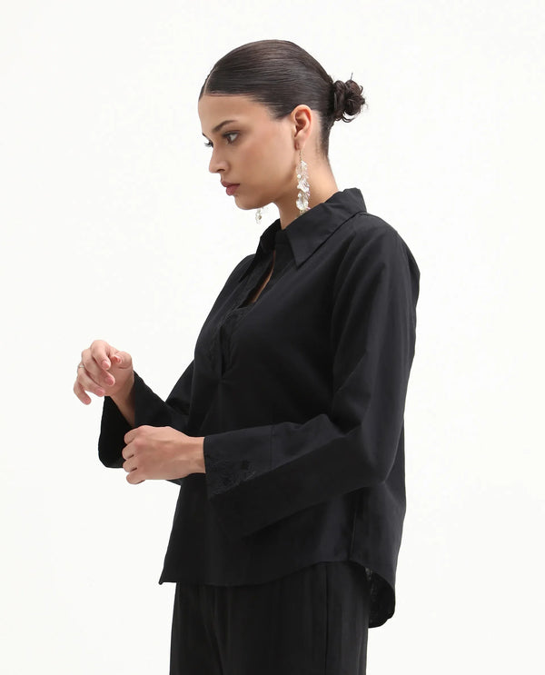 Rareism Women Sofian-SC Black Cotton Linen Fabric Regular Sleeves Collared Neck Solid Regular Length Top