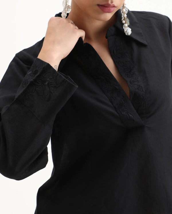 Rareism Women Sofian-SC Black Cotton Linen Fabric Regular Sleeves Collared Neck Solid Regular Length Top