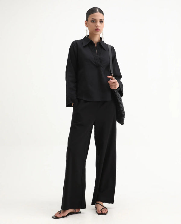 Rareism Women Sofian-SC Black Cotton Linen Fabric Regular Sleeves Collared Neck Solid Regular Length Top