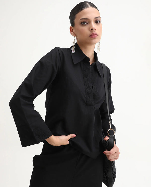 Rareism Women Sofian-SC Black Cotton Linen Fabric Regular Sleeves Collared Neck Solid Regular Length Top