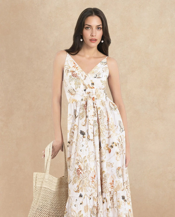 Rareism Women's Sojer Multi  Shoulder Straps  Sleeveless Paisley Print Fit And Flare Maxi Dress